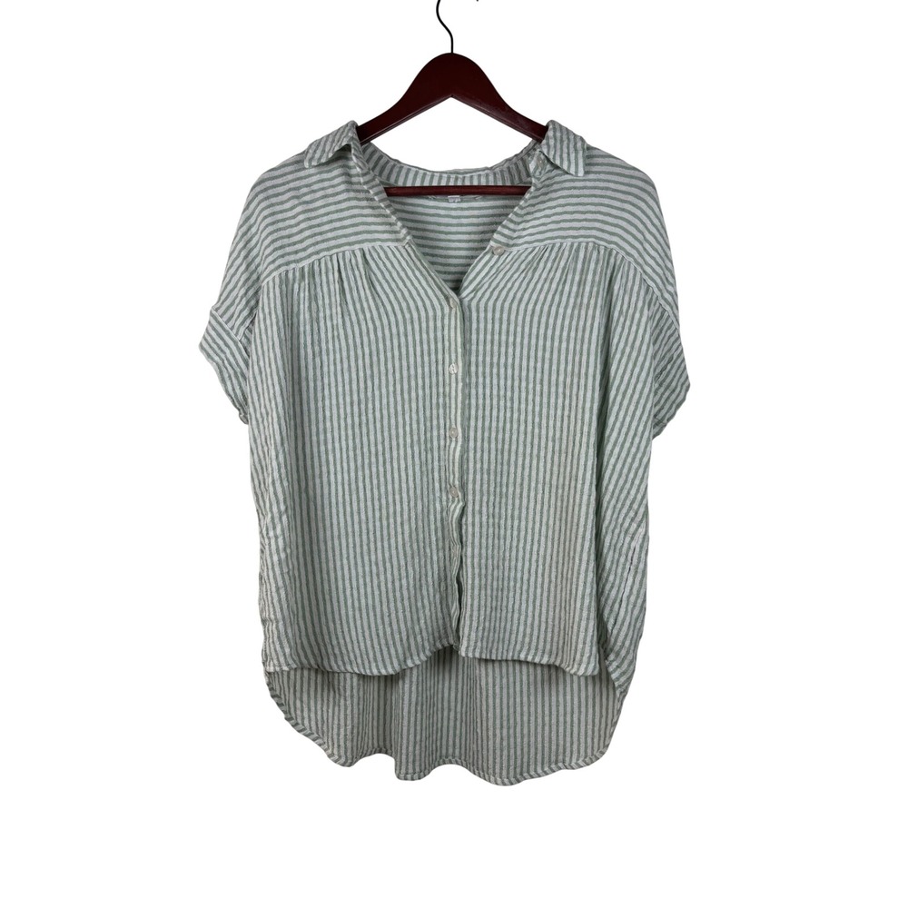 Jane + Delancey Button Down Top Women Small Sage Green Striped Seersucker Boho